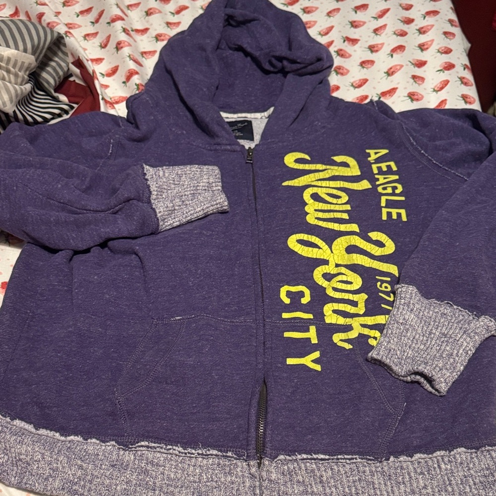 American Eagle Outfitters Purple Hoodie with Yellow Graphic